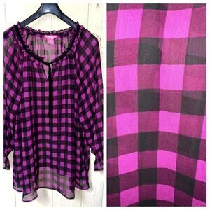 Woman Within Blouse Top Womens 26W 28W Sheer Plaid Check Black Pink Whimsigoth